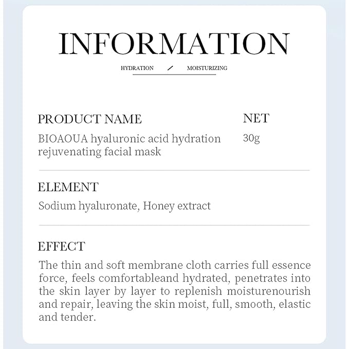 BIOAQUA Facial Mask Firming Deeply Nourish Moisturizing 98% Natural Extract Hydrating Face Mask 5PCS Set (Hyaluronic Acid (Hydration))