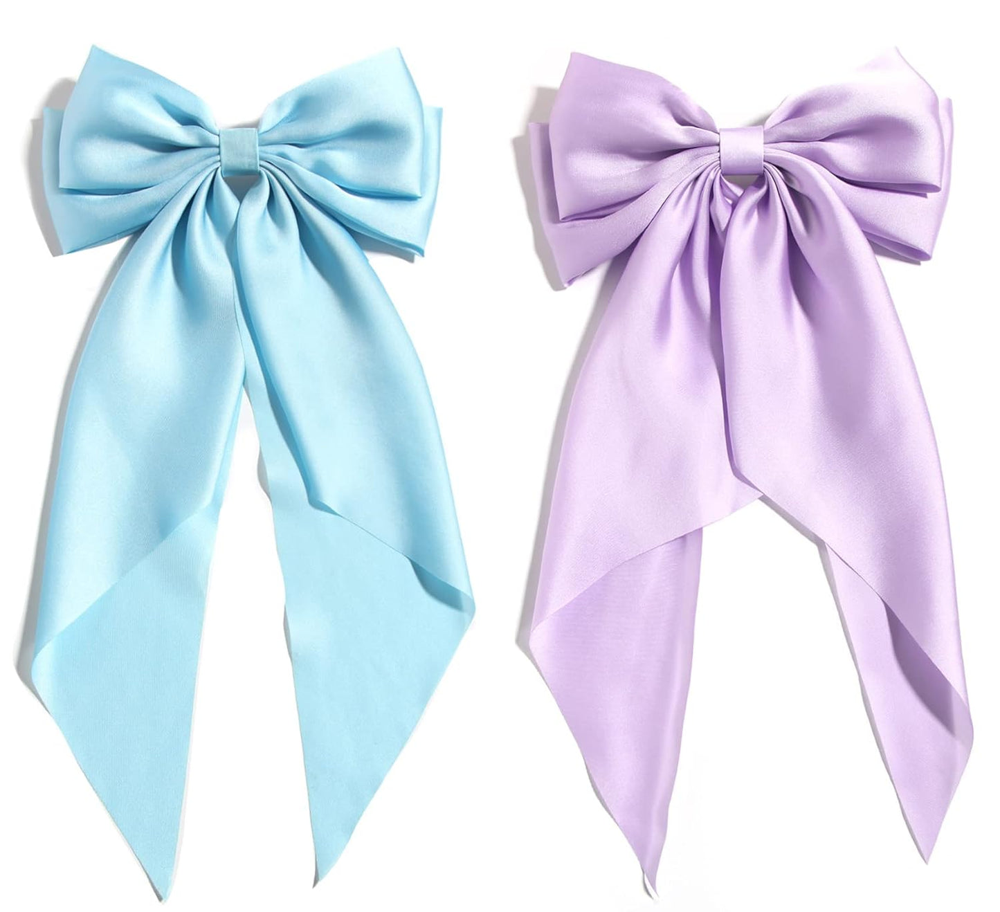 SUSULU Blue Hair Bow Clips for Women Lilac Big Bows Metal Clips French Barrette with Long Tail Satin Ribbon Hairpin Lady Barrettes Scrunchies Ponytail Accessories 2pcs