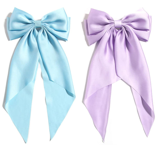 SUSULU Blue Hair Bow Clips for Women Lilac Big Bows Metal Clips French Barrette with Long Tail Satin Ribbon Hairpin Lady Barrettes Scrunchies Ponytail Accessories 2pcs