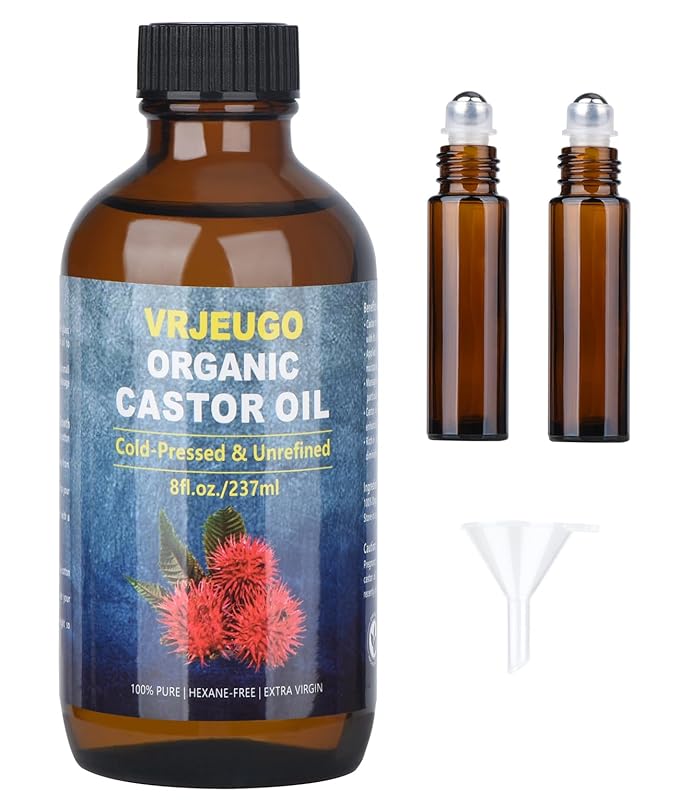 Organic Castor Oil for Face Roll On，Rollerball Castor Oil, Deep Hydration for Skin Care and Hair, Castor Oil Organic Cold Pressed Unrefined Glass Bottle 8oz with 2 Roller