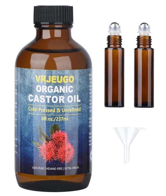 Organic Castor Oil for Face Roll On，Rollerball Castor Oil, Deep Hydration for Skin Care and Hair, Castor Oil Organic Cold Pressed Unrefined Glass Bottle 8oz with 2 Roller