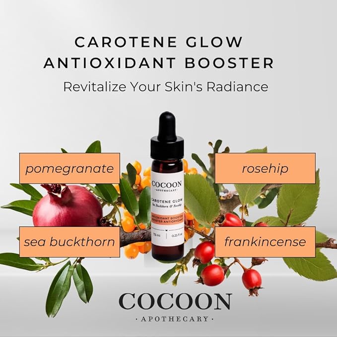 0.25 fl oz Carotene Glow Antioxidant Booster, Ecocert Cosmos Natural | Antioxidant Booster For mature, dull, dry, or dehydrated skin | Rosehip, Sea Buckthorn, Pomegranate & Frankincense CO2