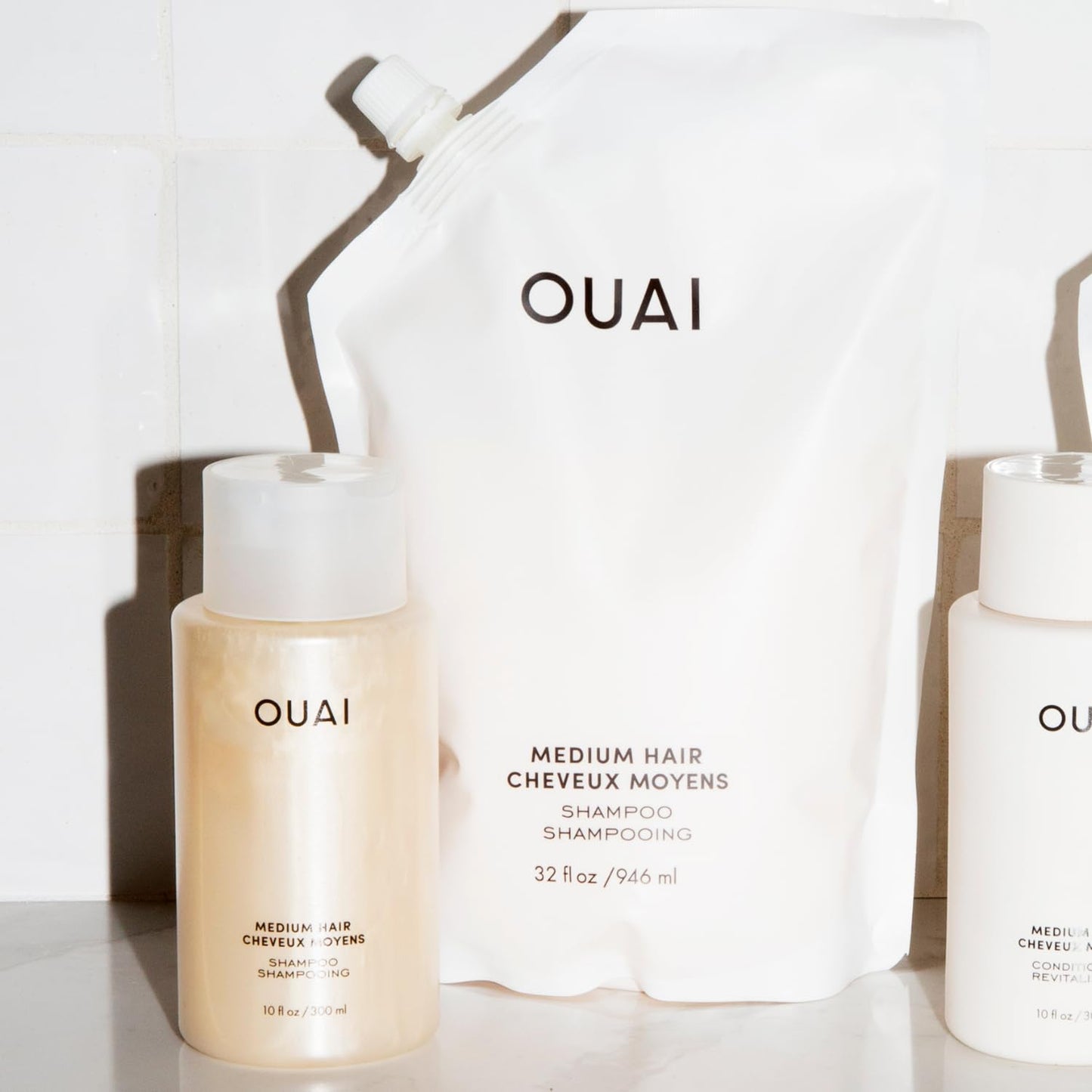 OUAI Medium Shampoo + Refill - Hydrating Shampoo with Coconut Oil, Babassu, Kumquat Extract and Keratin - Strengthens, Nourishes and Adds Shine - Sulfate Free Hair Care Products (2 Count, 10 Oz/32 Oz)