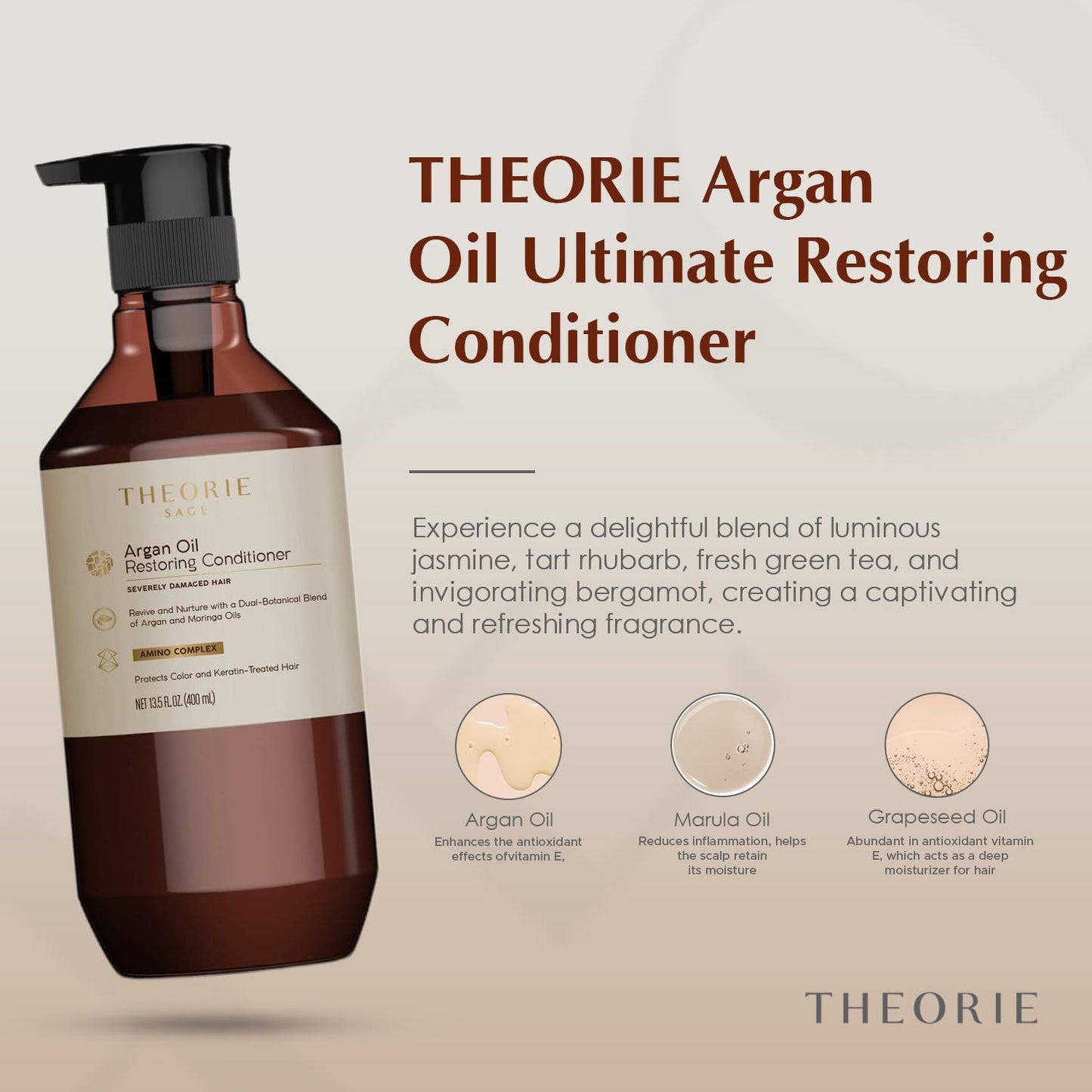 Theorie Argan Oil Ultimate Restoring Conditioner with Argan, Moringa, Grape Seed, and Sage Oil For Normal to Severely Damaged Hair,400 ml
