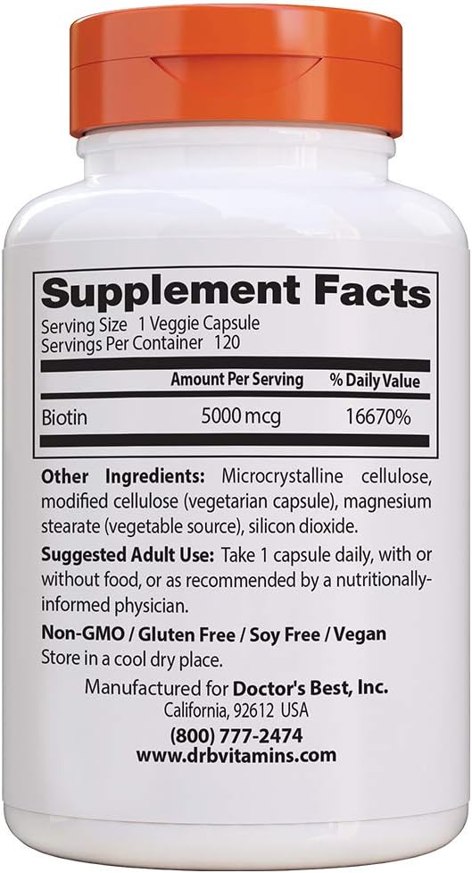 Doctor's Best Biotin Supports Hair, Skin, Nails, Boost Energy, Nervous System, Non-GMO, Vegan, Gluten Free, 120 Count