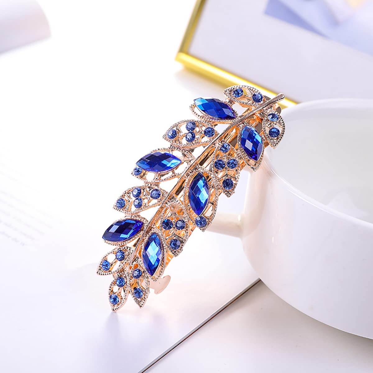 2 Pcs Hair Barrettes for Women Elegant Rhinestones Flower Metal Hair Clips Vintage Crystal Hair Accessroy Ponytail Hairpin 8cm, 2-Leaf Multicolor A