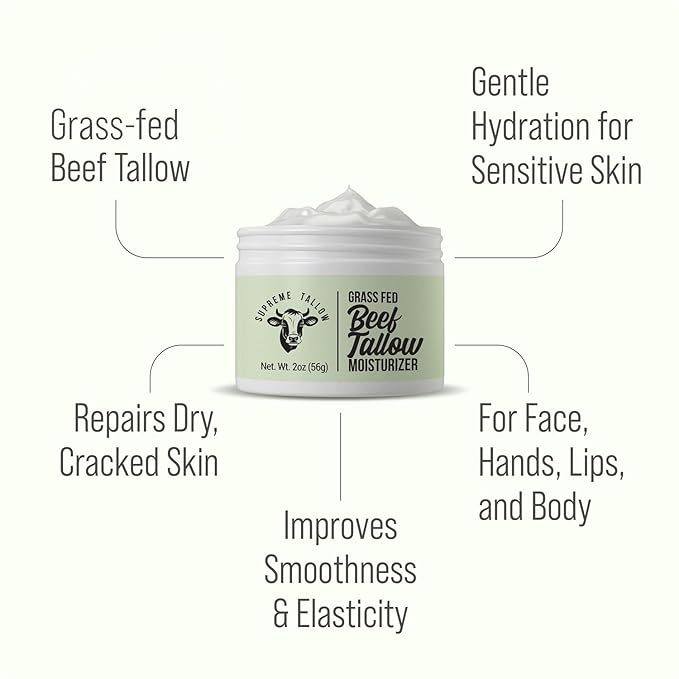 Supreme Grass Fed Beef Tallow Moisturizer For Sensitive Skin. Unscented Ultra High Purity Whipped Tallow Balm. 2-In-1 Face Cream And Body Lotion For Dry, Damaged, Or Sensitive Skin Care.