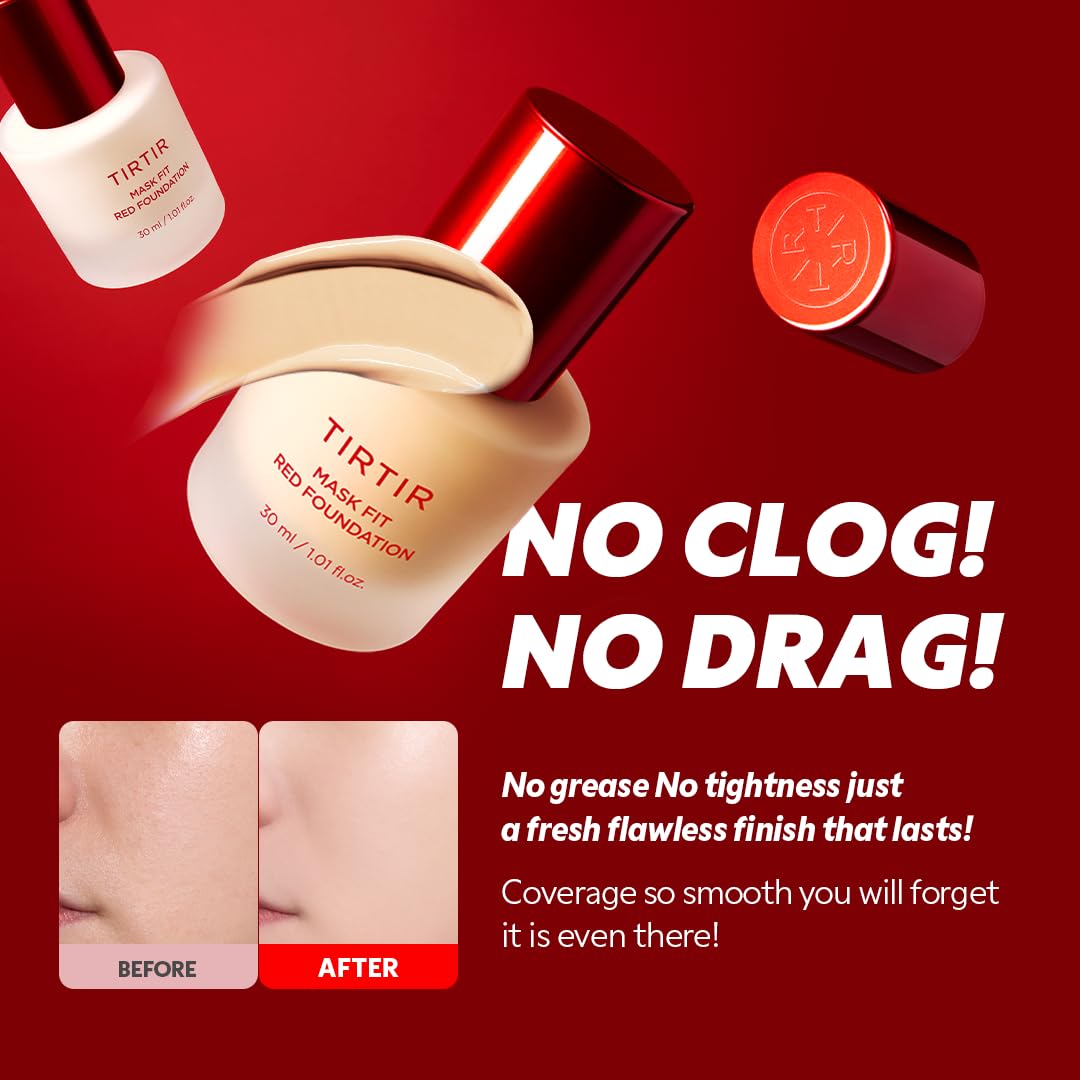 TIRTIR Mask Fit Red FoundationㅣLong Lasting Flawless Coverage, Energy Essence, Lightweight, Hydrating, Pore-Blurring, Breathable Satin Finish, Makeup, Radiant Skin, #28N Oat, 1.01 Fl Oz