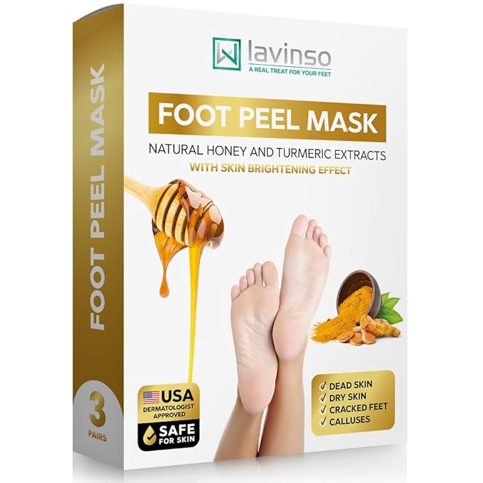 Lavinso Honey Feet Peeling Mask for Dry Cracked Feet - 3 Pack - with Kojic Acid Skin Brightening Effect - Exfoliating Dead Skin and Calluses - Foot Peel Mask for Baby Soft Feet