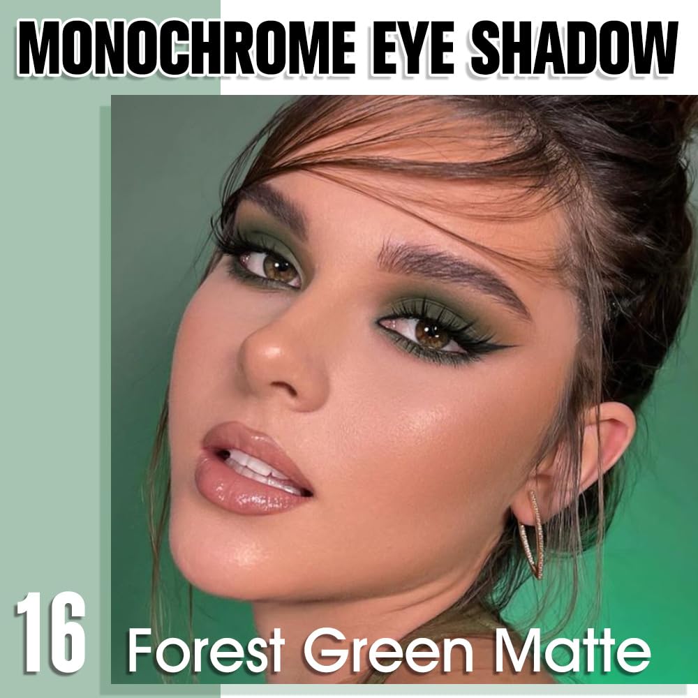Single Matte Eye Shadow Palette Makeup, Forest Green Matte Eyeshadow for Older Women Halloween Birthday Party Wear, Monochrome Eye Shadow Makeup, Pigmented Waterproof Sombras Para Ojos, 16