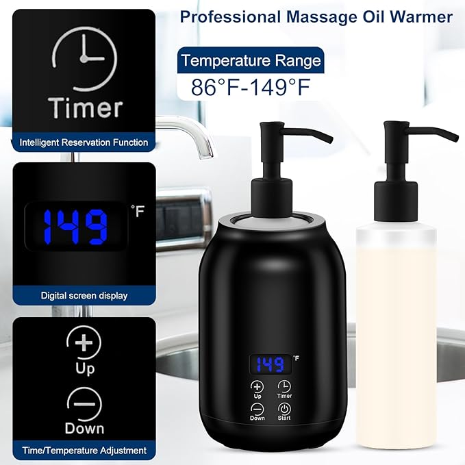 Massage Oil Heater Warmer,with ℃/℉ Switchable Display, Two Oil Dispenser Bottle，Constant Temperature,Body Oils Heater for Spa, Salon and Barber Shops,Black
