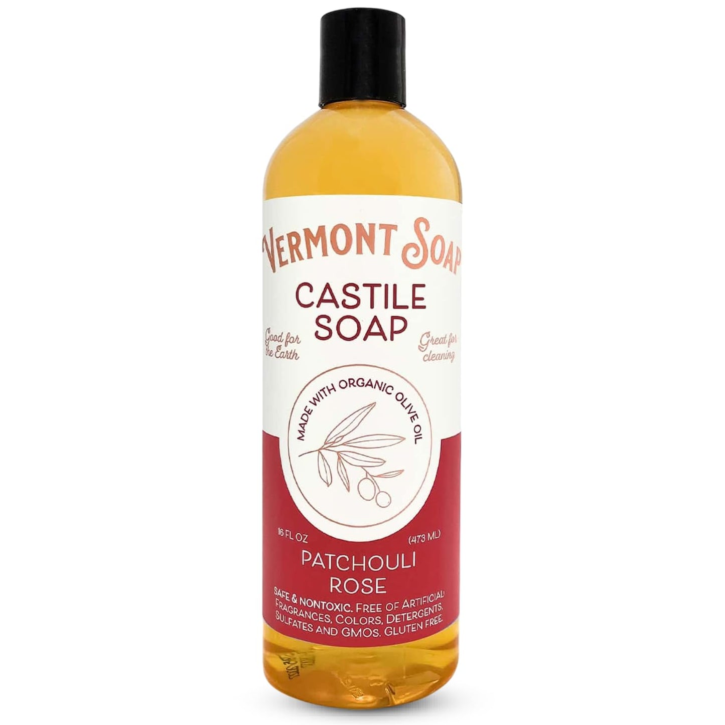 Vermont Castile Soap Patchouli Rose, Gentle Liquid Soap for Sensitive Skin & Natural Body Wash, Organic Hair Shampoo for Oily Hair, Aloe Castile Soap for Men & Women - 16 Oz