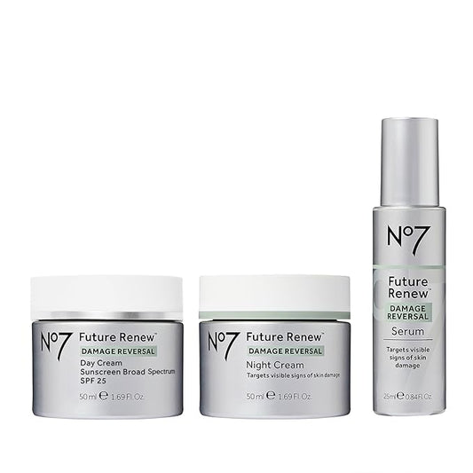 No7 Future Renew Damage Reversal Skincare Set - Anti Aging Face Serum (.33 Fl Oz), Day Cream with SPF 25 (1.69 Fl Oz) & Night Cream (1.69 Fl Oz) - Reverses Visible Signs of Sun Damage - 3-Piece Set