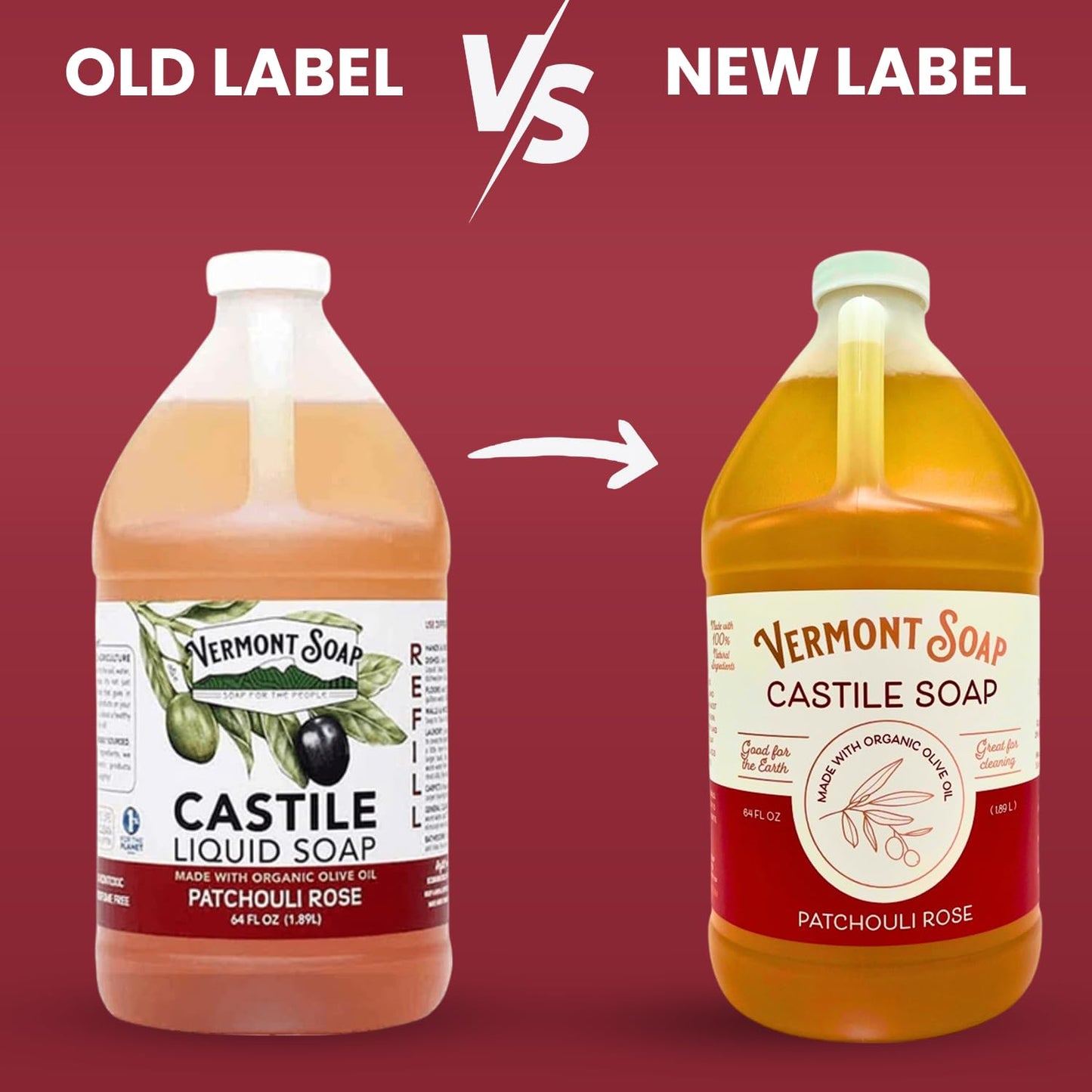 Vermont Castile Soap Patchouli Rose, Gentle Liquid Soap for Sensitive Skin & Natural Body Wash, Organic Hair Shampoo for Oily Hair, Aloe Castile Soap for Men & Women - 64 Oz