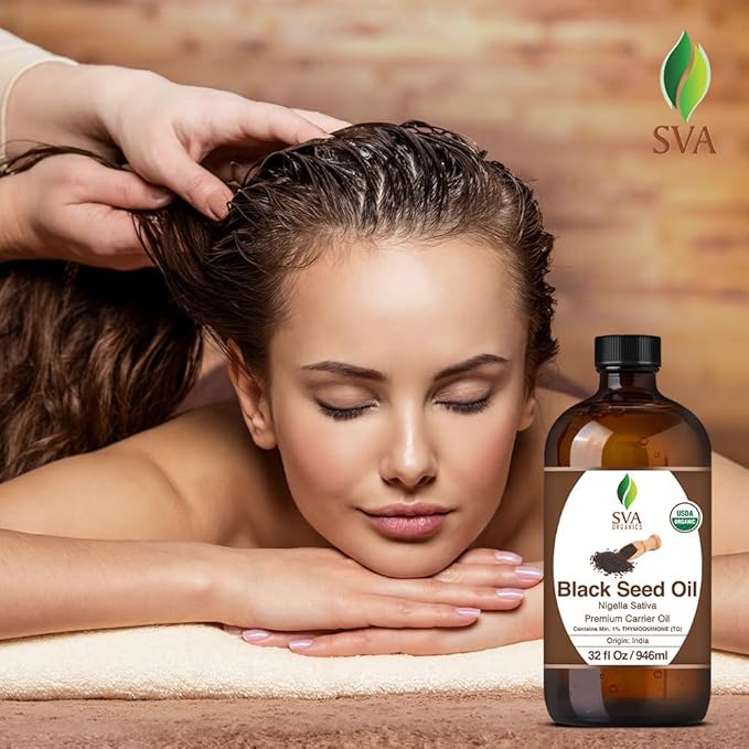 SVA Black Seed Oil Organic - 32 Fl Oz – 100% Natural Cold Pressed Organic Black Seed Oil - for Face, Skin Care, Hair Care, Scalp Massage & Body Massage – Carrier Oil