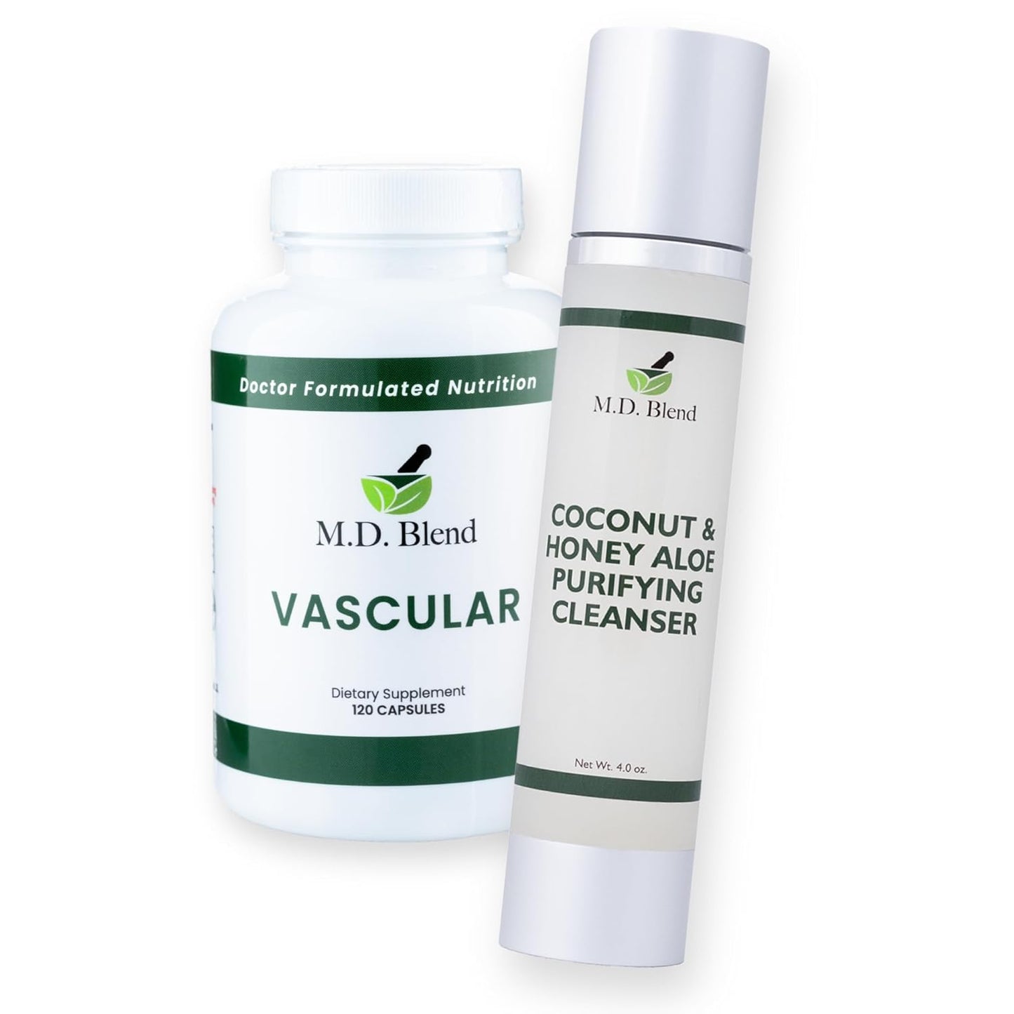 Face Cleanser + M.D. Vascular Supplement – Organic Foaming Wash with Coconut & Honey Aloe + Garlic, Ginger, L-Arginine Formula – Clean Beauty & Wellness Bundle