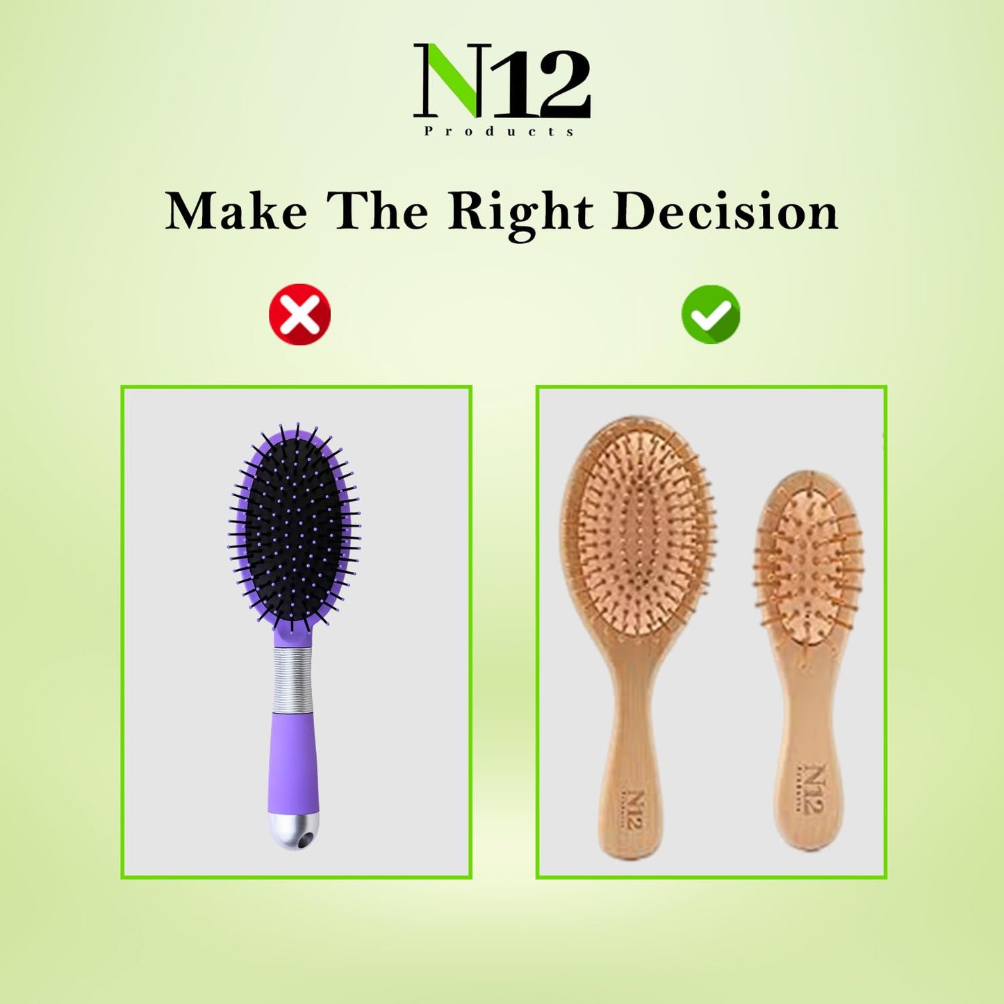 N12 Set of 3 Bamboo Wooden hairbrush for Women Men and Kids - Anti-Static Comb for Scalp Massage, Detangling Styling Frizz Control Breakage Reduction, Knot-Free Curly Thick Long Fine Dry Wet Hair