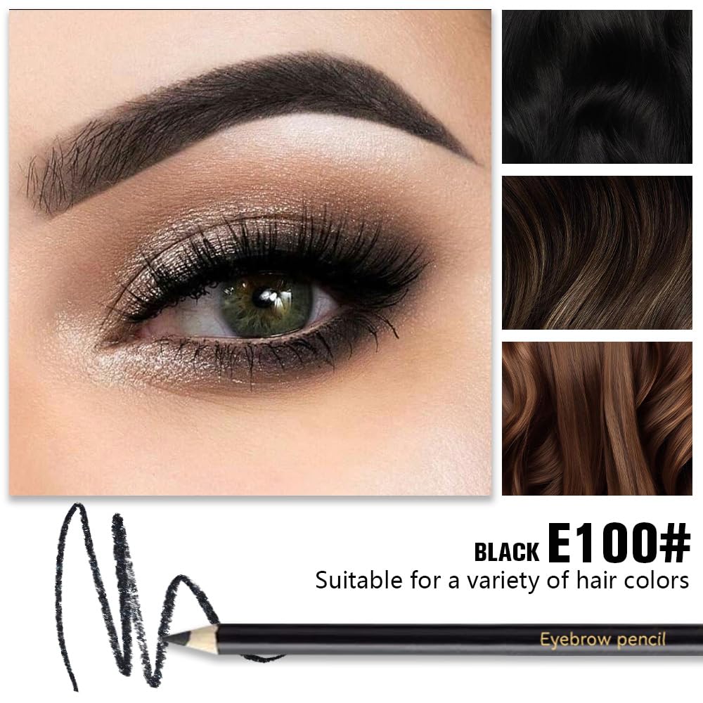 12Pcs Long Eyebrow Pencils Set - Black Natural Look, for Eyebrows & Eyeliner, Waterproof & Sweat-Proof Wooden Hard-Core Brow Pencil with Sharpener, Long Lasting Makeup Kit for Beginners 100#