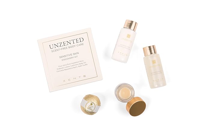 ZENTS Unscented 4-Piece Mini Set | Moisturizing Body Care for Sensitive Skin | Gentle Formula with Probiotic Lotion, Body Oil, Reparative Balm & Truffle Bath Bomb