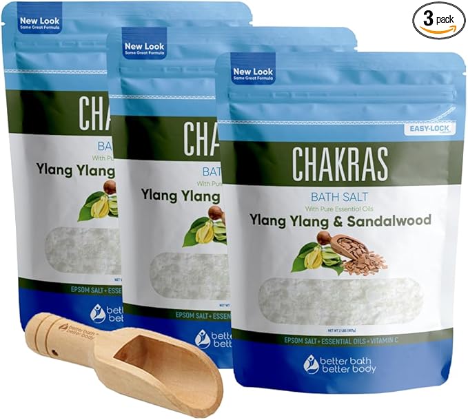 Chakras Bath Salt (3 Pack with Scoop) USP Epsom Salt with Natural Ylang Ylang and Sandalwood Essential Oils Plus Vitamin C in BPA Free Pouch with Easy Press Lock Seal Made in USA Bundle 6 Lbs Total