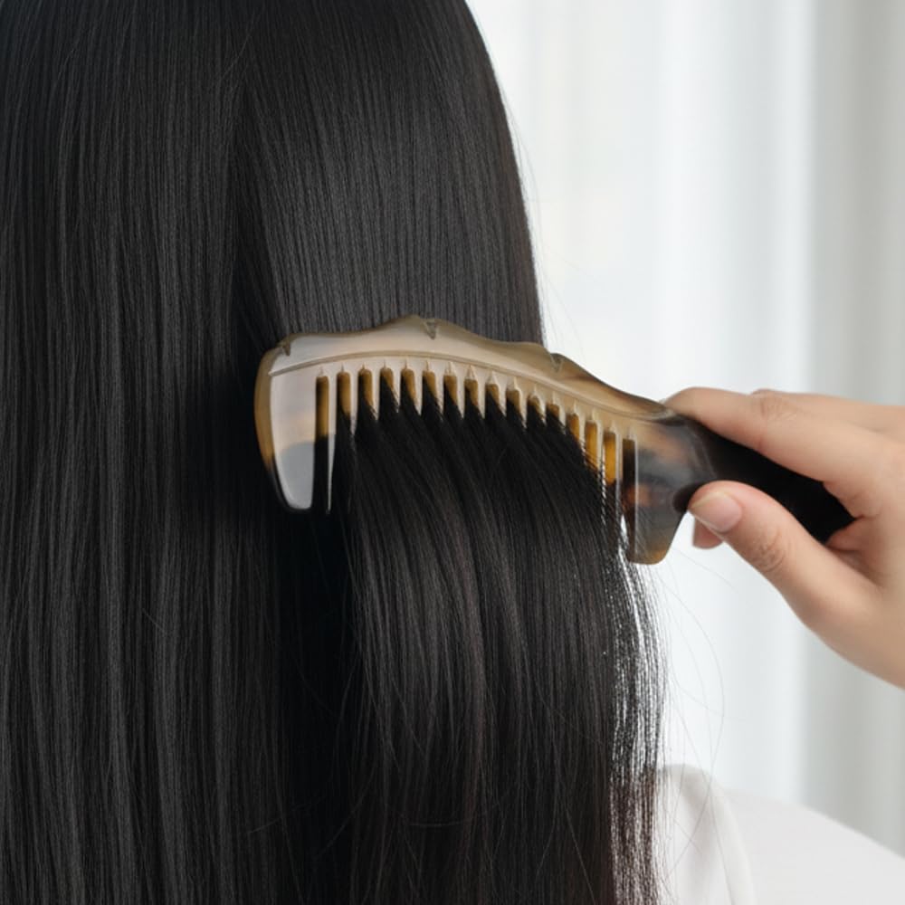 Natural Buffalo Horn Hair Comb, 8 Inch Wide Tooth, Handmade Detangling Comb with Handle for All Hair Types