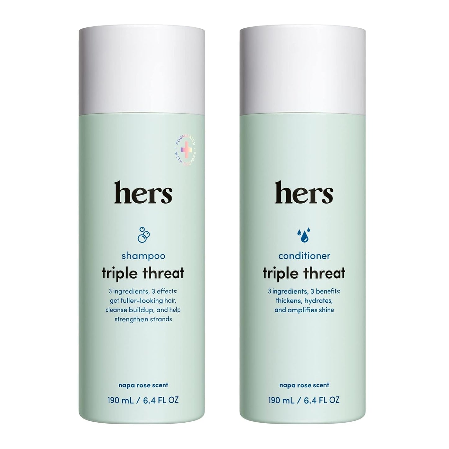 hers Triple Threat Shampoo and Conditioner Set for Women- Thickening, Moisturizing, Reduces Shedding- Color Safe Hair Loss Shampoo and Conditioner- 2 pack, 6.4oz