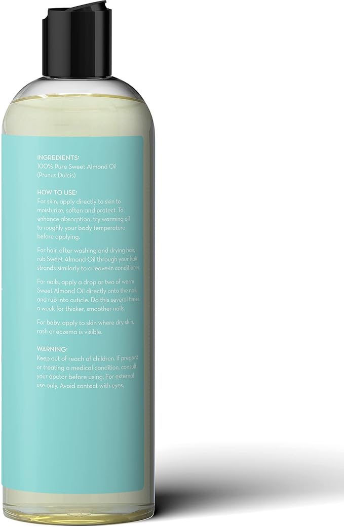 Pure Body Naturals Sweet Almond Oil for Hair and Skin, 100% Pure and Cold Pressed, Hexane Free, Skin Moisturizer, Nails, Therapeutic Massage, Carrier Oil 16 Fl. Ounce (Label Varies)