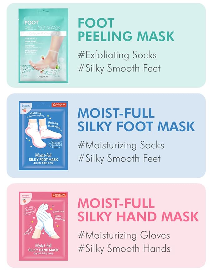 DERMAL Moistfull Silky Foot Socks & Hand Gloves Mask Combo 6 Pack - for Dry Feet and Hands - Home Spa Treatment - Dermatologist Tested, Cruelty Free, Korean Beauty