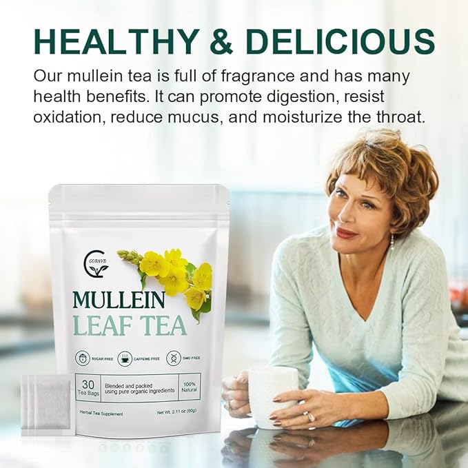 Mullein Leaf Tea Bags - Lungs Cleanse and Respiratory Support, Herbal Teas, Caffeine Free, 30 Tea Bags