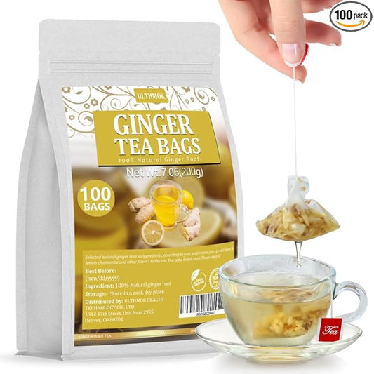 100 Premium Ginger Tea Bags/7.06 Oz, Made with 100% Natural Ginger Root, Warm & Spicy, Support Digestion & Boost Immunity, No Additives & Caffeine Free.