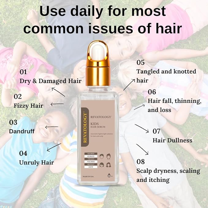 REVATOLOGY Kids Hair Serum (Made in USA) for Hair Thickness, Strength, Growth and Scalp Revitalization for straight, curly, waivy, coiled hair in toddlers, children, adults - chemical & cruelty free