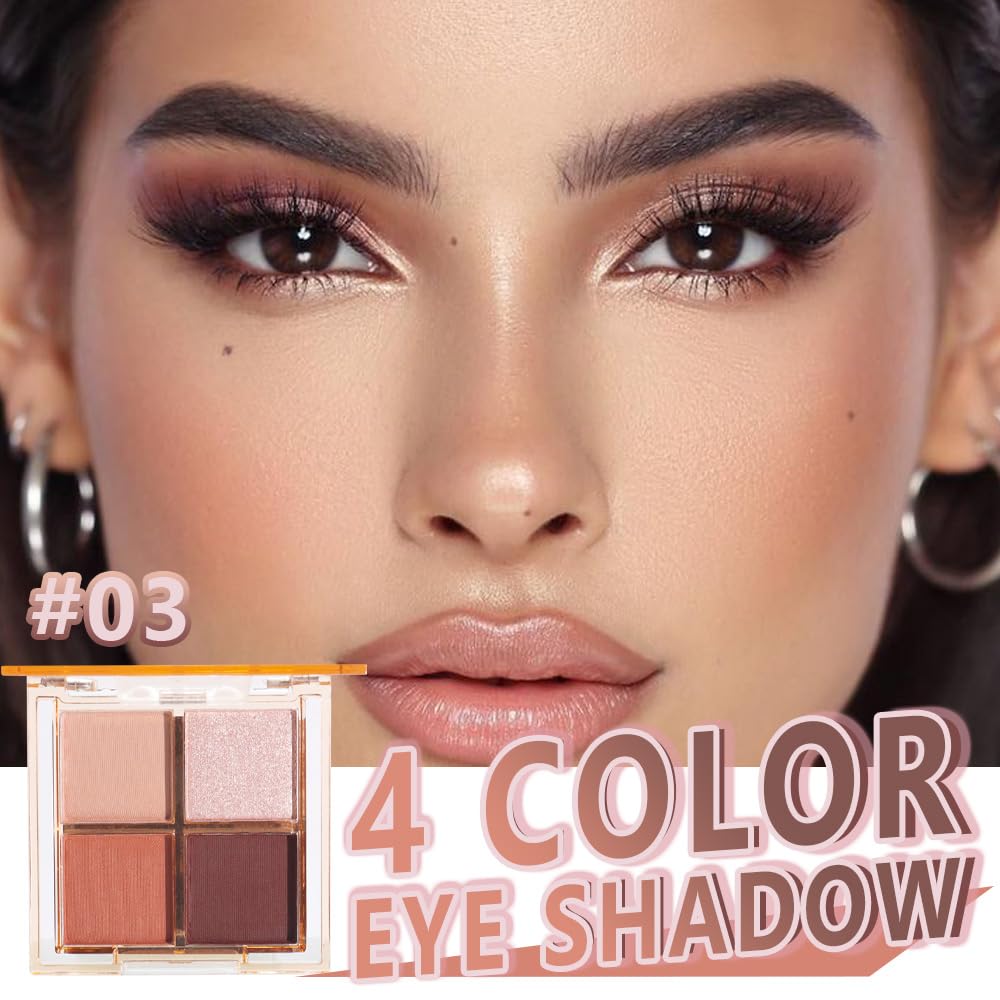 Eyeshadow Quads Blendable Glitter Matte Eyeshadow Palette,Nude Champagne Gold Orange Dark Coffee Sparkly Four Eyeshadow Palette Makeup,Everyday Nature Long-Lasting Waterproof Women Girls Eyeshadow 3#