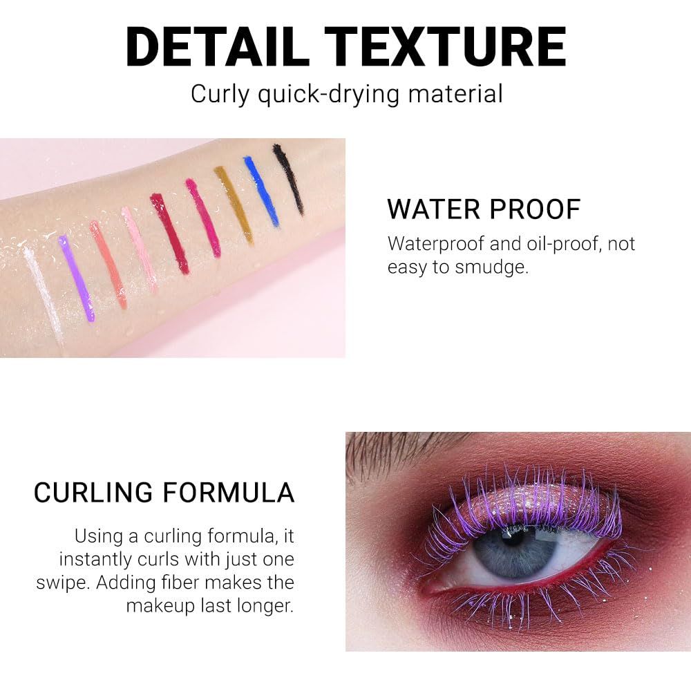 Colored Mascara for Eyelashes with Comb Set, Colorful Waterproof Plum Mascara Long lasting Charming Voluminous for Women Cruelty Free Vegan Eye Makeup (C-1Pc 08#grape purple, C)