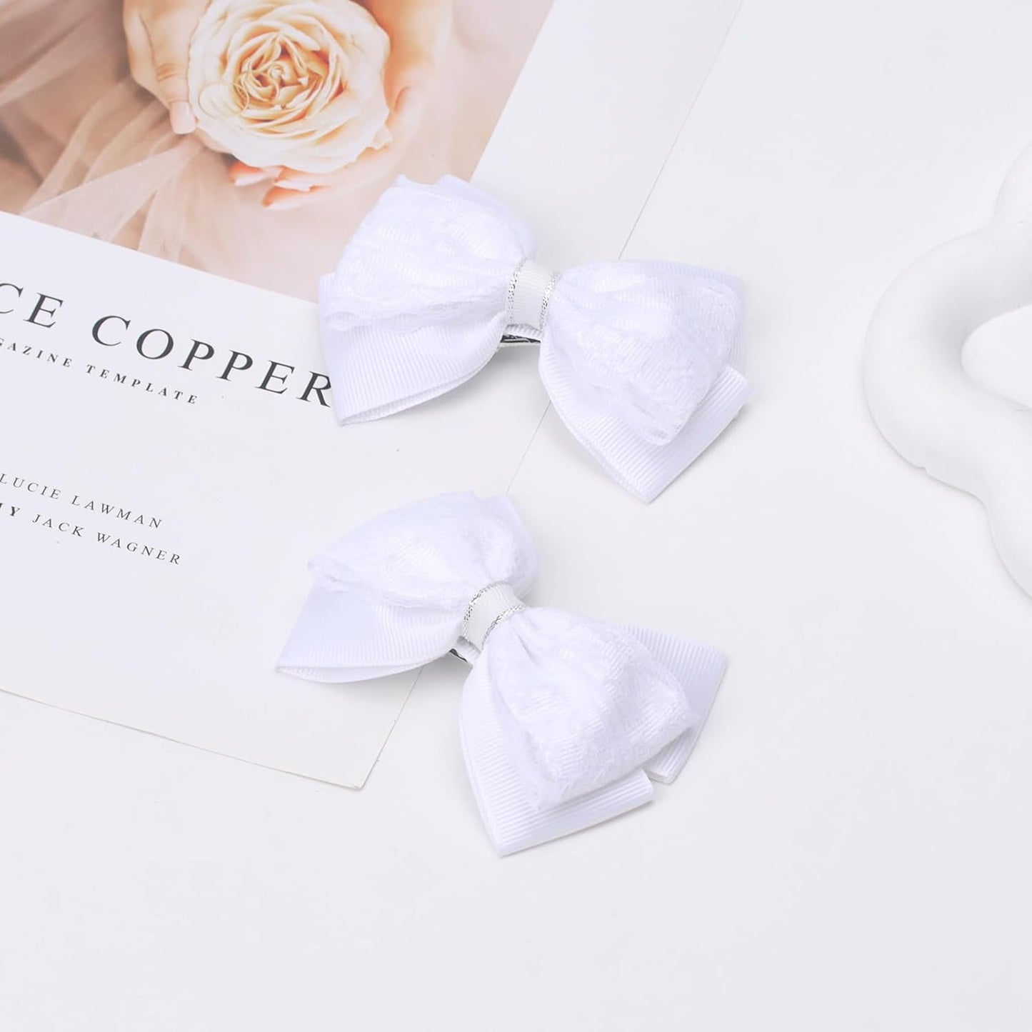 4-Inch Hair Bows Alligator Clips Delicate Lace Hair Accessories for Girls, Toddler, Kids and Women Daily Dress Up Birthday Wedding Christmas Occasions- Set of 2 (White)