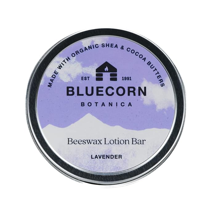 Bluecorn Beeswax Lotion Bar with Lavender Essential Oil, Organic Cocoa Butter, Organic Shea Butter, Vitamin E, Apricot Oil & Avocado Oil. Long-Lasting Hydration for Dry Skin. Handmade in Colorado.
