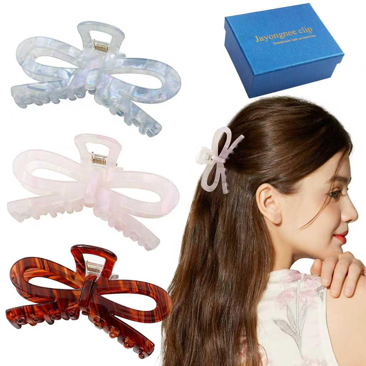 Jayongnee 3 PCS Bow Hair Claw Clips for Women - Non-Slip Hair Clamps for Thin or Thick Hair - Cute Butterfly Hair Accessories for Women Girls - Elegant Hair Styling Accessories (bow 6, Medium)