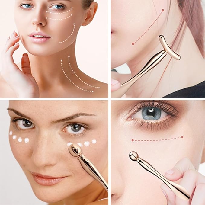 2 Pcs Metal Eye Cream Applicator Wand Stick, Eye Cream Roller Stick T-Shaped Massage Wand Makeup Spoon Set,Eye Facial Massager,Skin Care Tool for Eye Reducing Puffiness Wrinkle (Rose Gold)