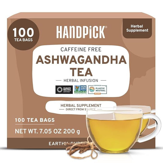 HANDPICK, Ashwagandha Root Tea (100 tea Bags) - Herbal Supplement - For Health & Wellbeing - With Antioxidants & Minerals - Caffeine Free, Gluten Free, Packed in Ecofriendly Tea Bags