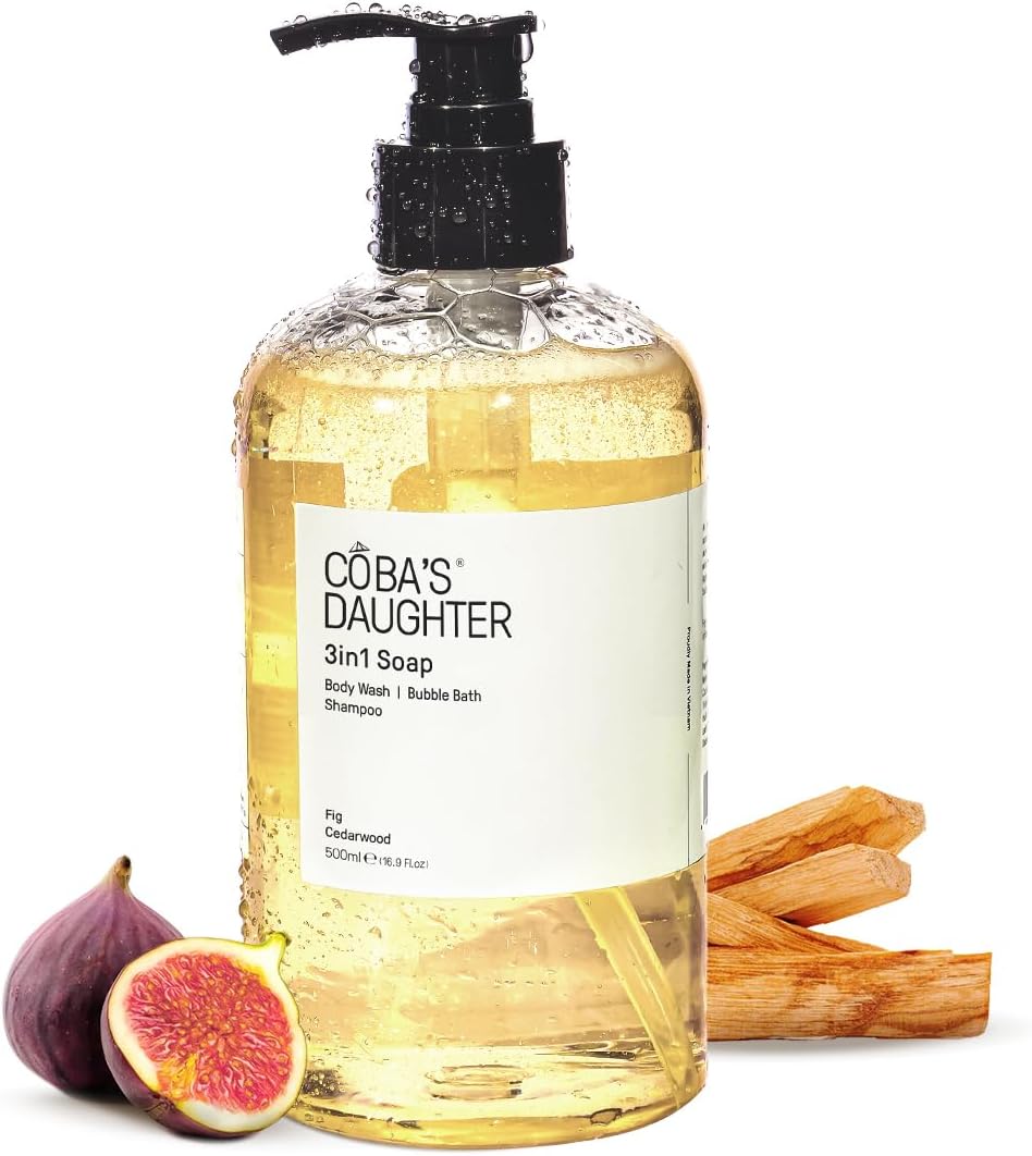 COBA'S DAUGHTER | 3in1 Bubble Bath, Body Wash & Hand Wash for Men and Women | Nourishing Fig & Cedarwood Scent Liquid Soap with Inulin & Seaweed Extract | Cleanses, Softens & Conditions Skin (16.9oz)