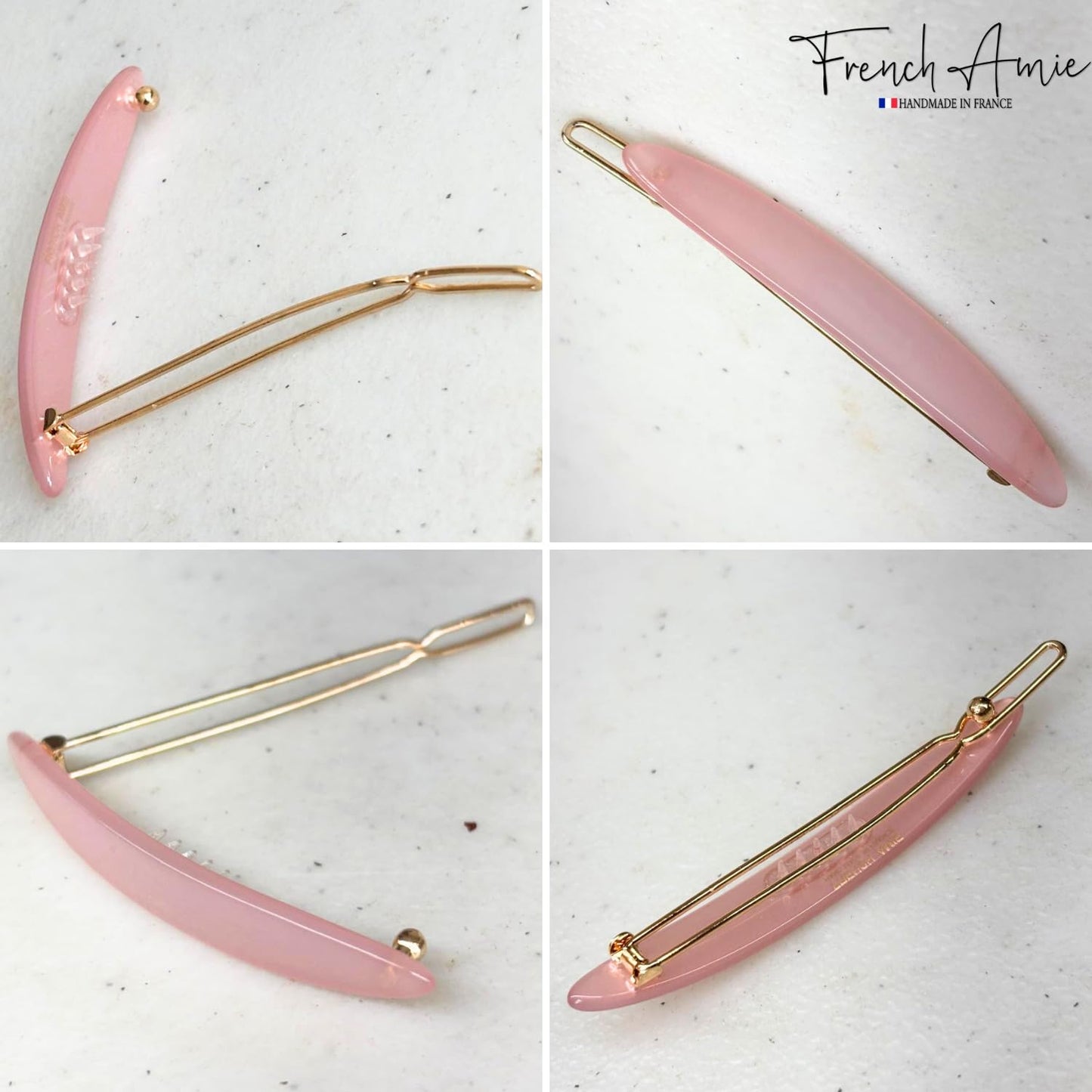 French Amie Narrow Oblong Small 2 1/4" Celluloid Acetate Set of 2 Side Slide In Hair Clip Barrettes with Tige Boule Clasp for Girls and Women, Made in France (Blush Pink)