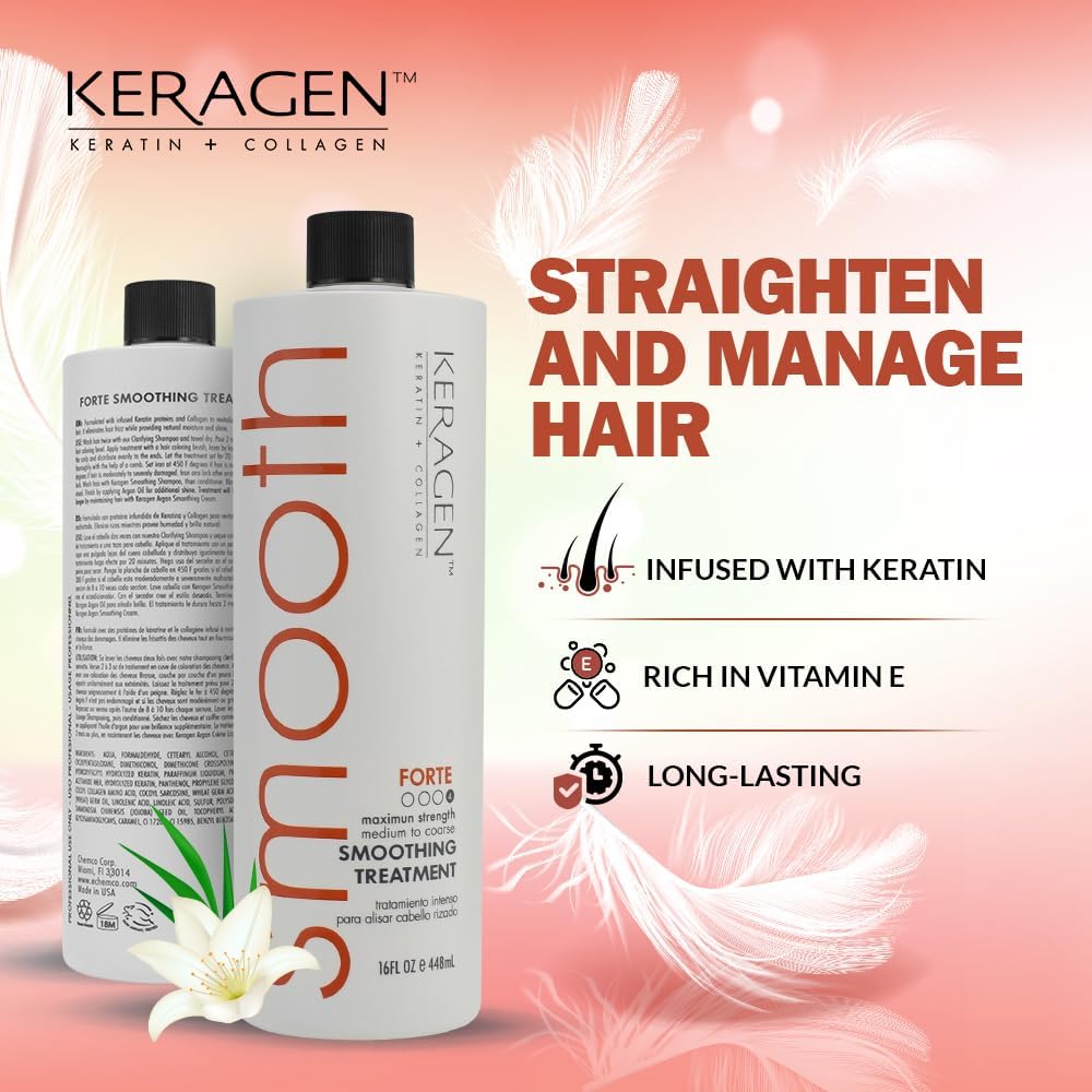 KERAGEN - Brazilian Smoothing Keratin Hair Treatment, Blowout Straightening System for Dry and Damaged Hair - Forte, Sulfate Free - Eliminates Curls and Frizz, Medium to Coarse Hair (16 Oz)