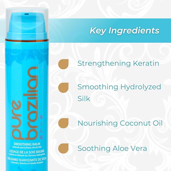 Pure Brazilian Silk Smoothing Balm with Keratin, Hydrolyzed Silk & Coconut Oil, Anti-Frizz, Nourishing & Strengthening, Salon-Quality Treatment, Pack of 2, 6.78 Oz