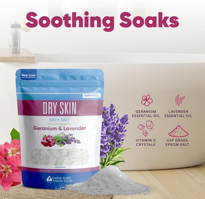 Dry Skin Bath Salt 32 Ounces (2 Lbs) Epsom Salt with Natural Geranium and Lavender Essential Oils Plus Vitamin C in BPA Free Pouch with Easy Press Lock Seal Made in USA