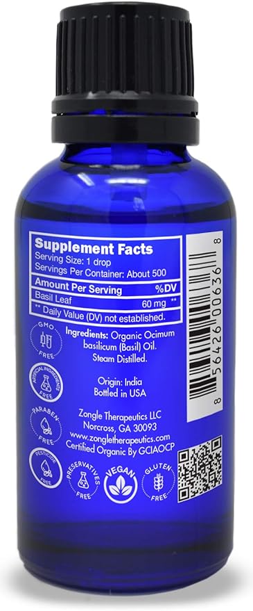 Organic, Basil Essential Oil, Food Grade – 100% Pure, Basil Oil, by Zongle Therapeutics, 1 OZ