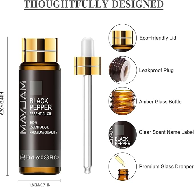 Black Pepper Essential Oil, MAYJAM 10ML/0.33FL.OZ Premium Black Pepper Oils for Soap Candle Making, Diffuser, Bedroom, Living Room, Office