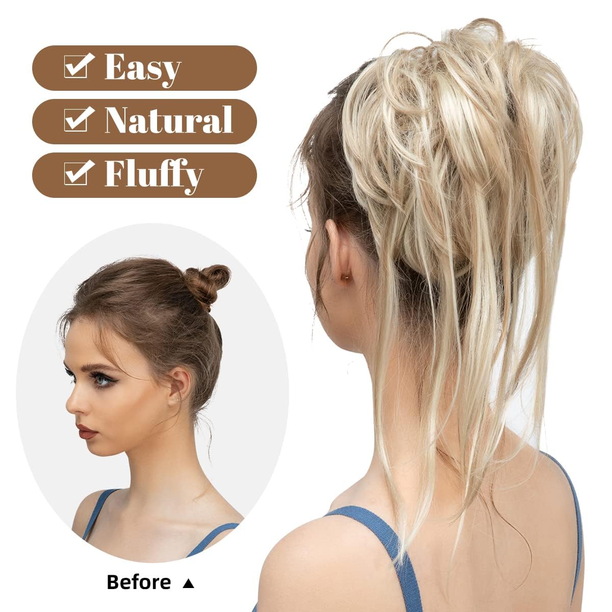 CJL HAIR Messy Bun Hair Piece Curly Hair Bun Extensions with Straight Tails Synthetic Hair Scrunchies Ponytail Hairpieces for Women Dark Chocolate