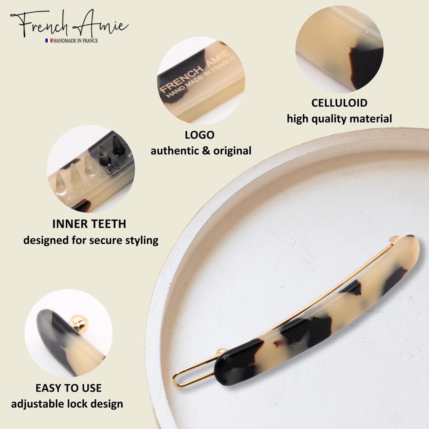 French Amie Rounded Oblong Small 2.5" Cellulose Set of 2 French Hair Clips Tige Boule Handmade Girls Side Slide-in Hair Barrette Clip (White Tokyo)