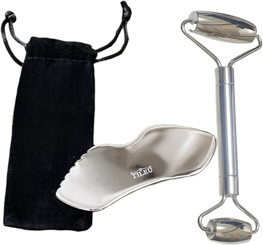 Face Roller & Gua Sha Tool, Stainless Steel Facial Roller and Guasha Tools Skin Care Roller for Wrinkles and Lifting, Improve Puffiness, Metal Face Massager for Eyes, Neck Tighten（2 Pack