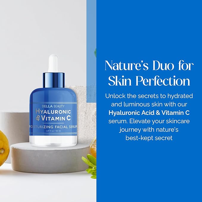 Bella Beauty Hyaluronic Acid & Vitamin C Moisturizing Facial Serum - Hydrating, Reduces Wrinkles & Fine Lines, Boosts Collagen - Dermatologist Tested, Korean Skin Care for All Skin Types - 1.69 Fl. Oz