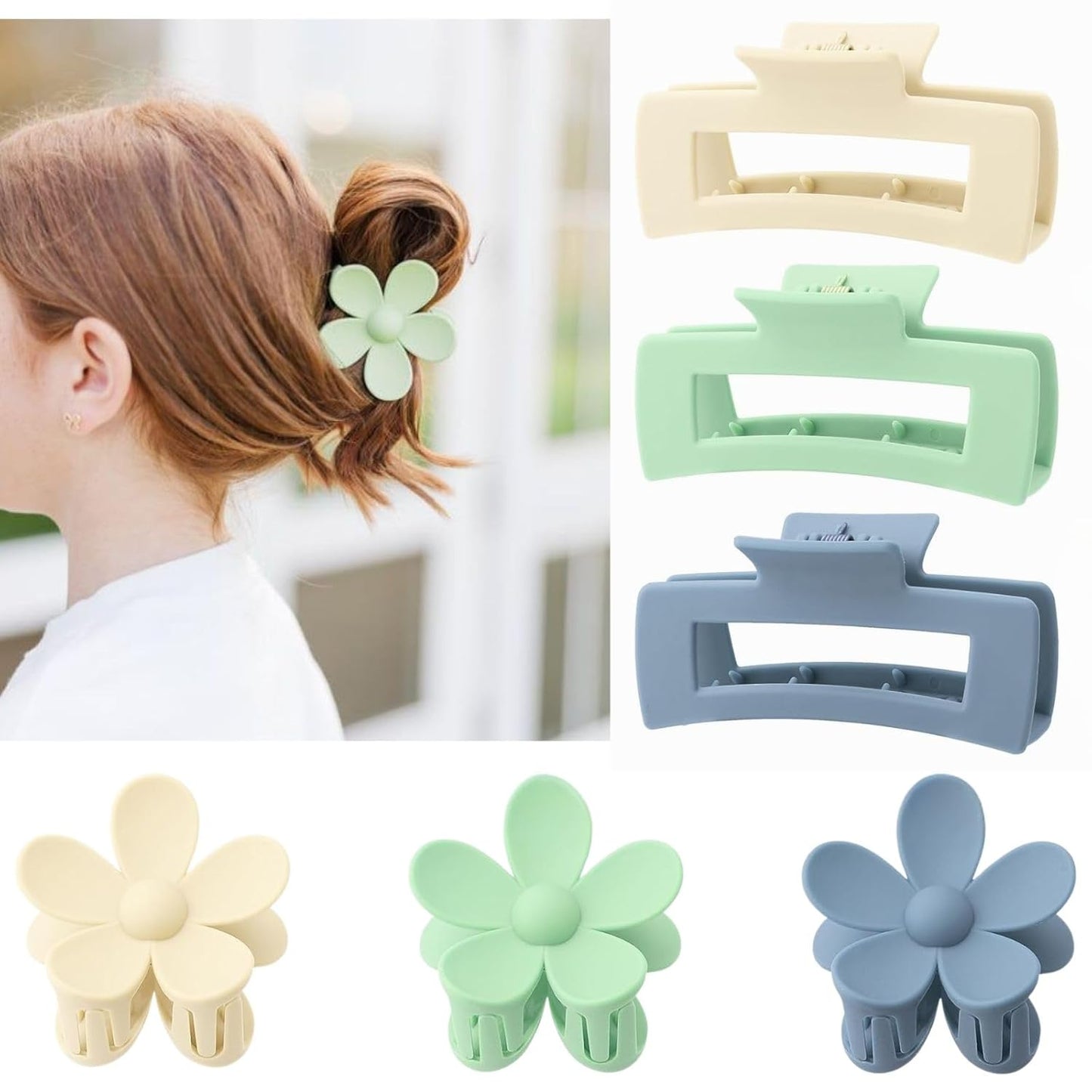 6 Pack Large Claw Clips for Women, Square & Flower Hair Clips for Thick Hair, Matte green & blue Colors